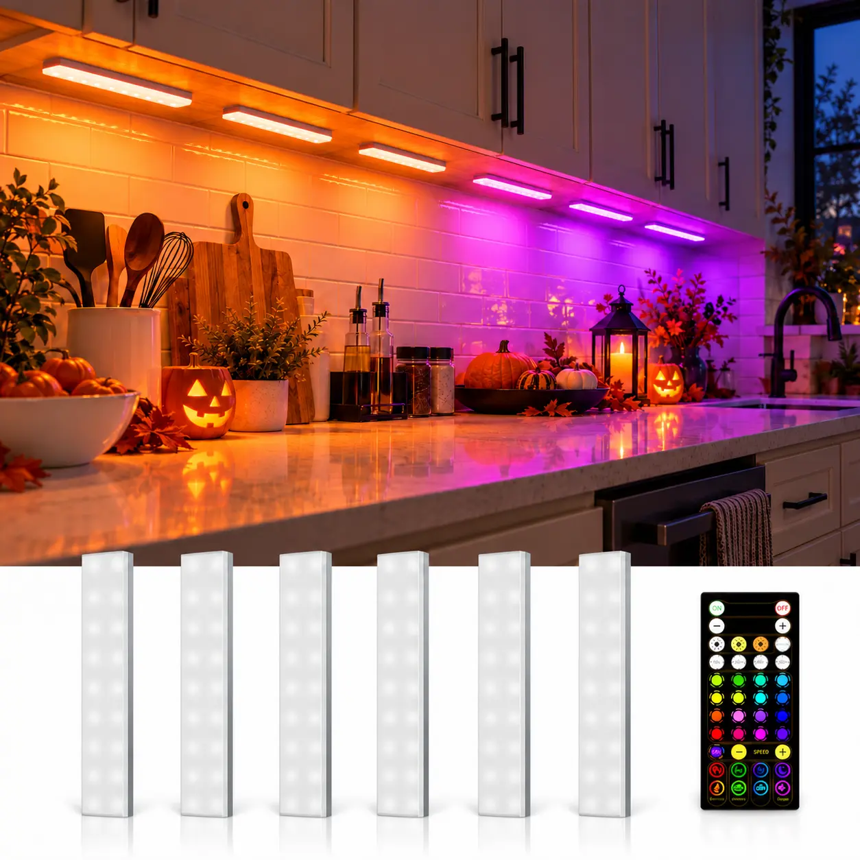 EZVALO Halloween 80RGB Color Changing  Light Bars Wireless, 1800mAh Rechargeable Led Strip Shelf Lights, Timer & Dimmable Under Cabinet Lighting with Remote for Dorm Room, Gaming Setup, Kitchen, Bedroom, Display Case, Back to School, Home Makeover