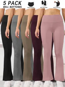 5 Pack Women's Super Soft High Waisted Flare Pants For Women, Tummy Control No See Through Workout Yoga Running Bell Bottoms #mothersdaygift high-waisted yoga pant High Waist Breathable Yoga Shorts