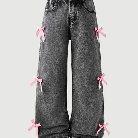 Girls' Dark Wash Loose Fit Denim Jeans, Side Bow Elastic Waist, Casual All Seasons Fashion, Comfortable and Cute Design