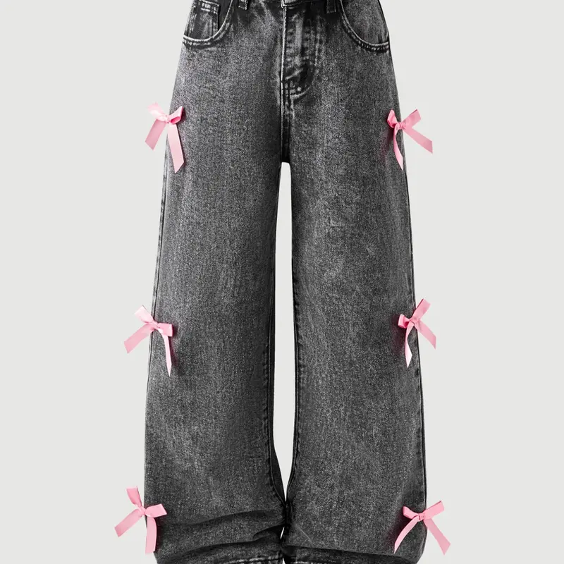Girls' Dark Wash Loose Fit Denim Jeans, Side Bow Elastic Waist, Casual All Seasons Fashion, Comfortable and Cute Design