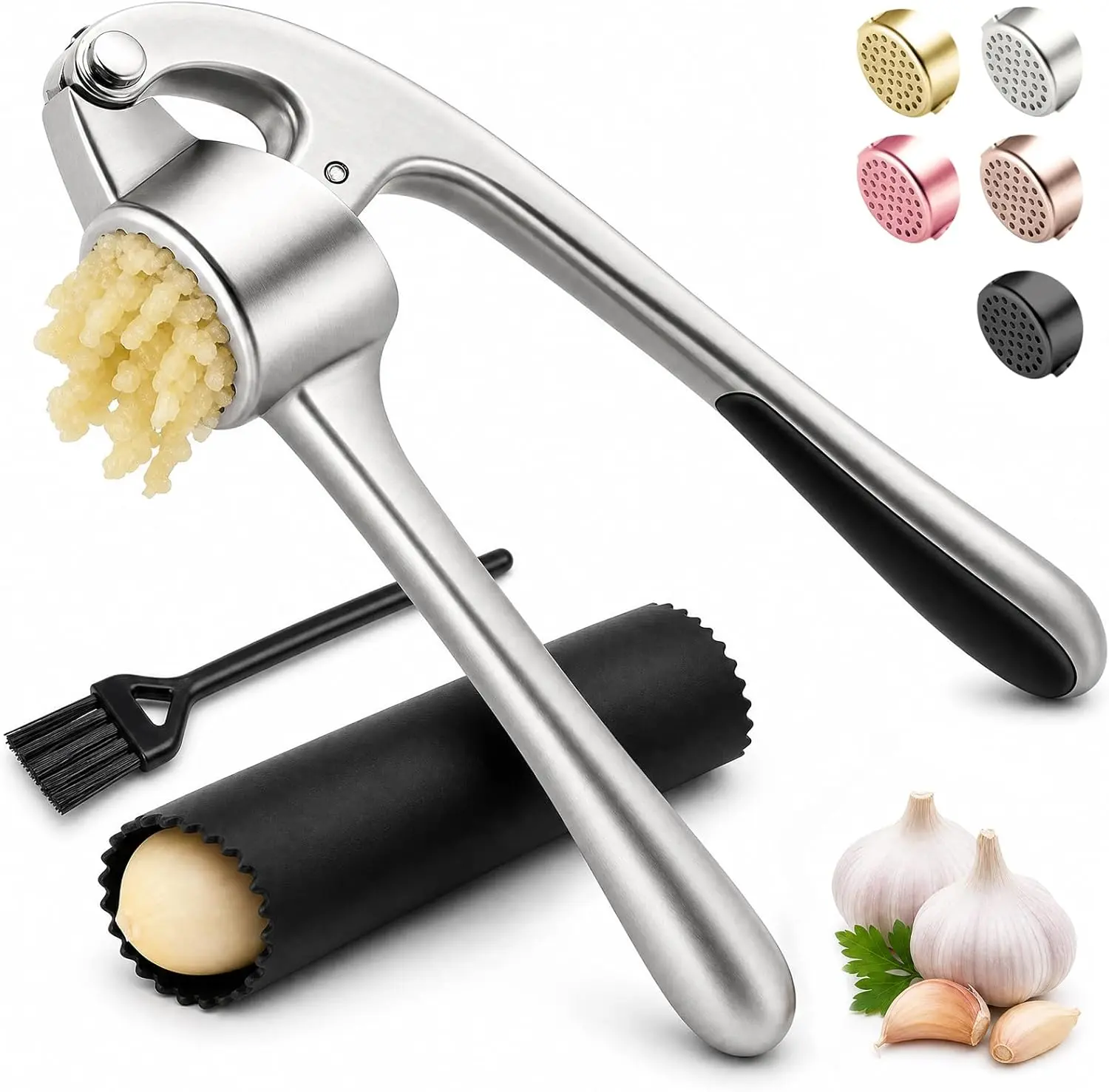 Premium Stainless Steel Garlic Press & Garlic Crusher Set, Heavy Duty Garlic Mincer, Rust Proof Garlic Clove Crusher, Easy Squeeze Garlic Chopper with Peeler & Cleaning Brush, Dishwasher Safe Kitchen Gadget, Ergonomic Matte Finish