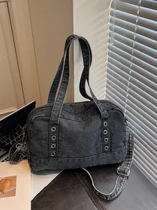 Vintage Versatile Rivet Decorated Large Capacity Denim Tote Bag, Handheld Shoulder Crossbody Adjustable Strap Bag, Suitable for Work and Daily Use, Crossbody Bags, Casual Fashion Bag