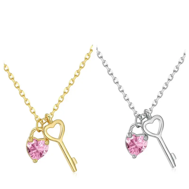 Heart and Key Sterling Silver 925 Pendant Necklace with Pink Gemstone