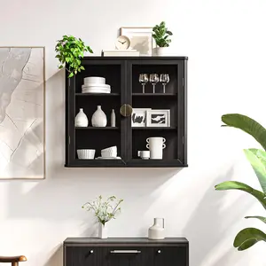 Modern Compact Adjustable Storage Wall Cabinet, Tempered Glass Floating Organizer with Curved Edge & Adjustable Shelves, Gold-Black Handles, Wall-Mounted Indoor Furniture for Kitchen, Bathroom