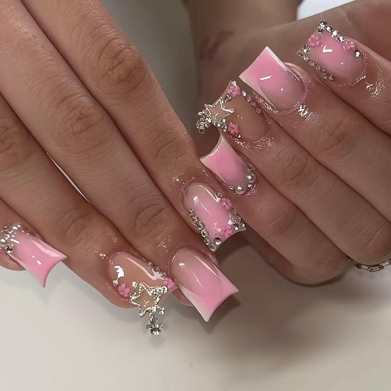Elegant 24-Piece Medium Duckbill Shaped Fake Nails Set, Glossy Light Ombre with Chain and Rhinestone Decoration, Easy to Apply for Girls and Women