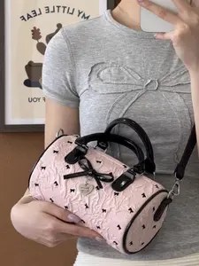 Sweet Coquette Style Pink Boston Purse,Mini Bow Print Crossbody Bag with Black Trim for Girls & Daily Use