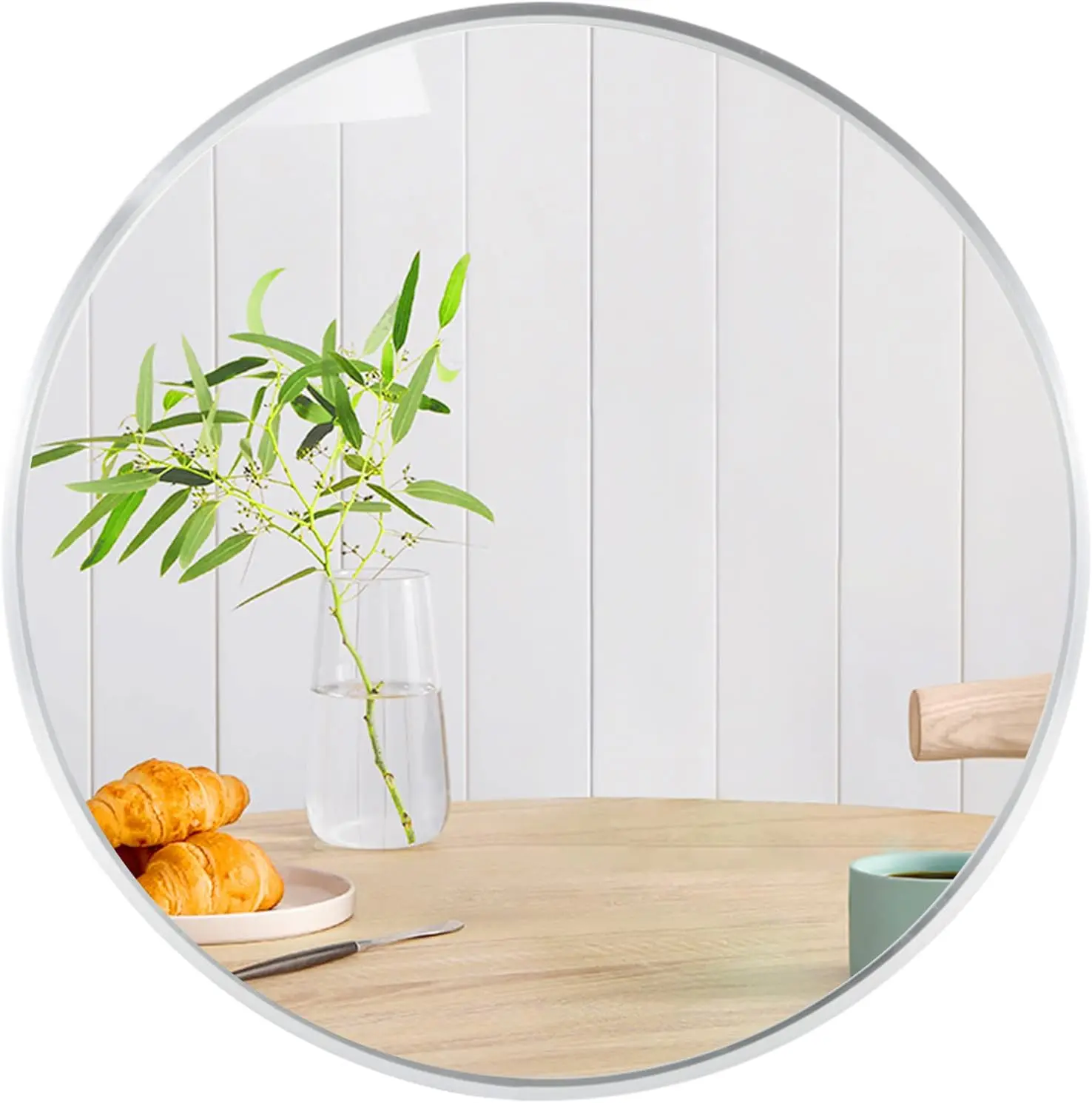 Silver Round Wall Mirror, 32-Inch, Brushed Aluminum Frame, HD Glass, Classic Décor for Bathroom, Living Room & Bedroom, Easy Wall Mount, Shatterproof Backing