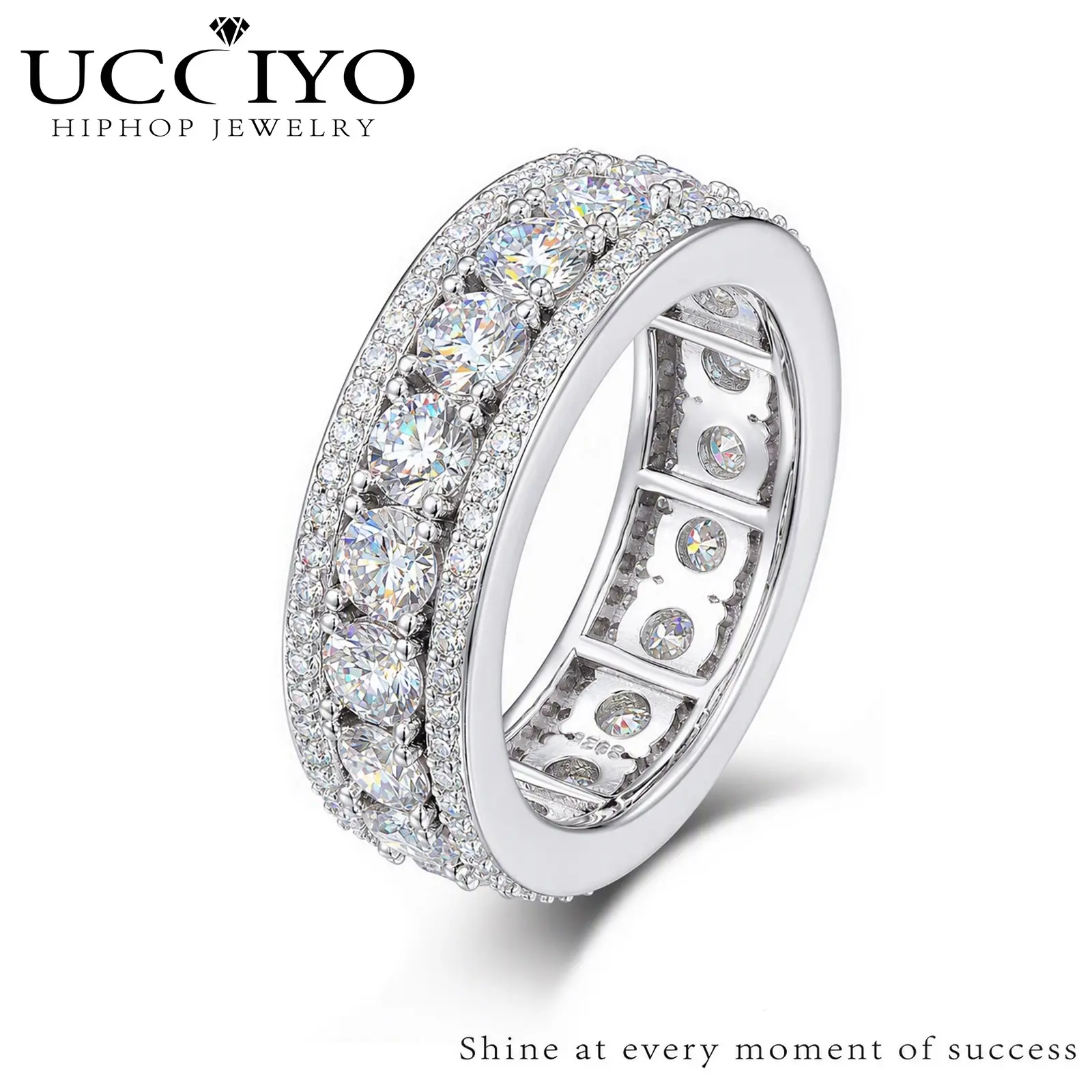 UCCIYO  8mm Width Ring R44 Iced Out S925 Sterling Silver Lab-Created Moissanite Ring Featuring 4mm Round Cut Lab-Created Moissanite Stone Silver Ring For Men Hip Hop Jewelry summerwins  Engagement Rings【#R44】