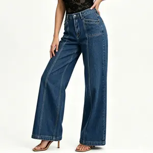 Women 's Wash Wide Leg Jeans Fashion Solid Color Vintage Denim Trousers mom approved jeans