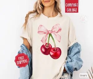 Coquette Cherry Comfort Colors Shirt, Bow Cherry Tshirt, Women's Graphic Tee