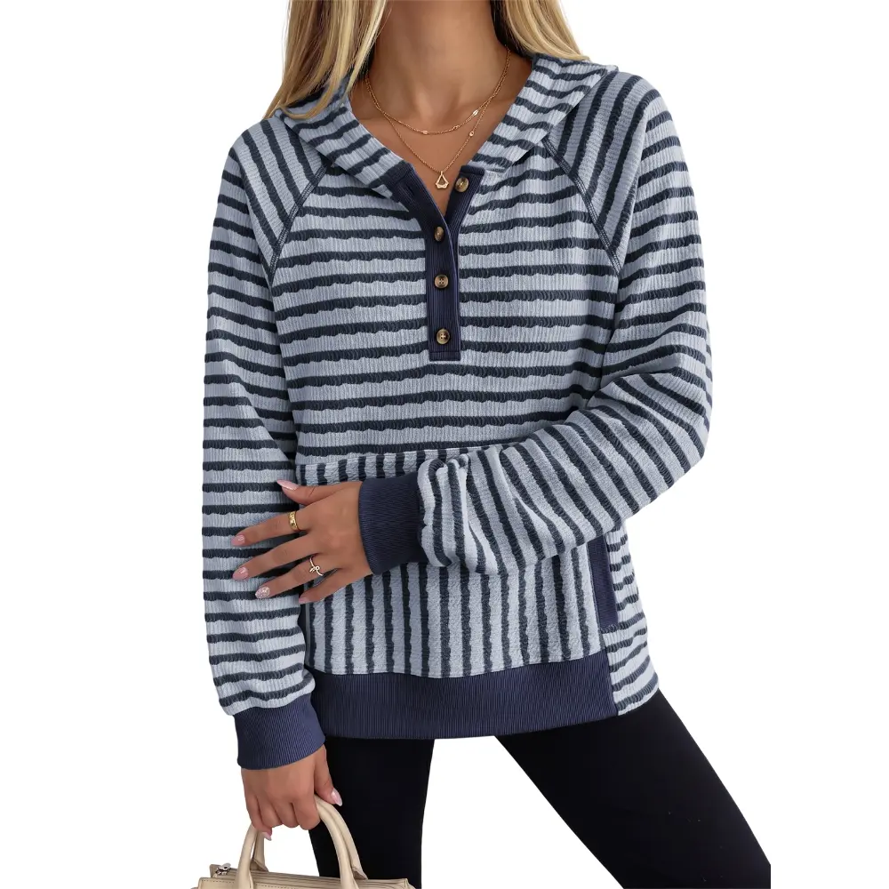 Dokotoo Women's Striped Hooded Sweatshirt, V Neck Button Pullover Top, Long Sleeve Rib Knit Loose Fit Oversized Casual Shirt for Fall, Daily Wear & Going Out Casual Cozy Pullover Vneck