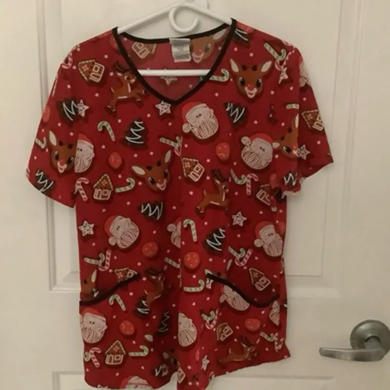Unbranded Women’s Rudolph "Santa Clause Cookies" V-Neck Printed Scrub Sz L/G