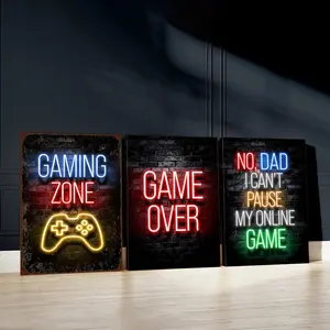 Game Zone Neon Sign Wall Art, 3 Counts/set Game Zone Letter Pattern Canvas Hanging Painting with Frame, Wall Art Decor for Home Living Room Bedroom, Ornaments, Decoration