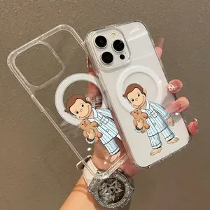 Transparent acrylic magnetic phone case for iPhone 11, 12, 13, 14, 15, 16, 17 Pro Max, and Xs Max with Curious George pattern, MagSafe compatible, ultra-thin and drop-resistant design.QXG327