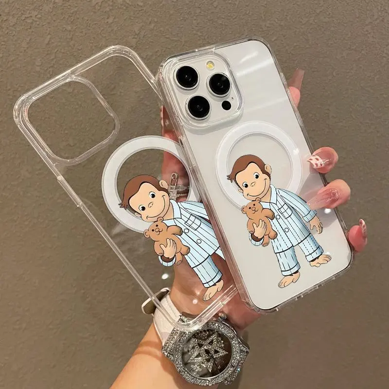 Transparent Acrylic Magnetic Smartphone Casing for iPhone 11,12,13,14,15,16,17 Pro Max,Xs Max - Curious George Pattern, MagSafe Compatible, Ultra-Thin, Drop-Resistant, Cellphone/Handheld Devices Cover QXG327