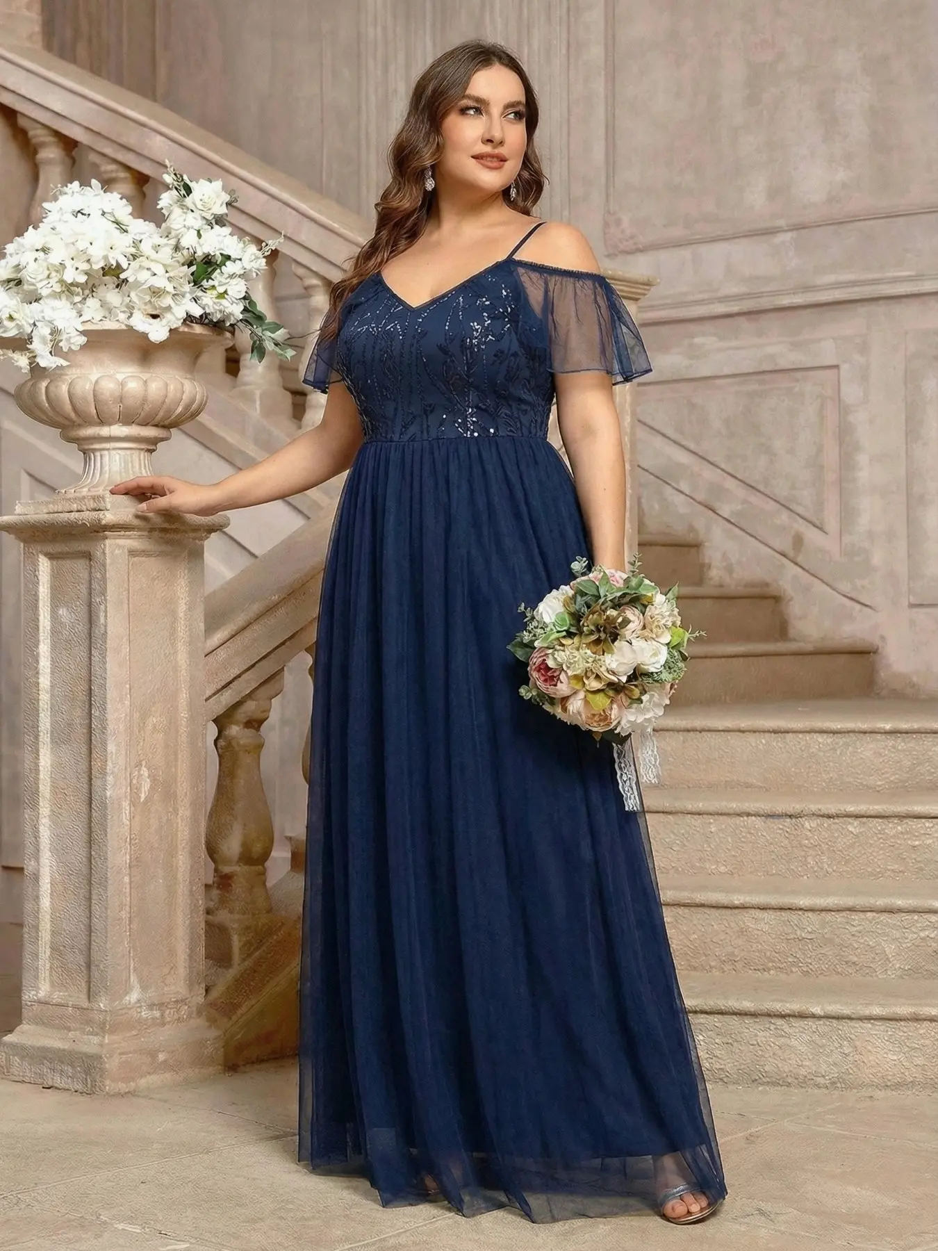 Elegant Women's Plain Sleeveless Sequined Mesh Fabric Patchwork Leaf Embroidery Party Dress, Womenswear, Elegance, Chic, Perfect for Evening & Formal Occasions