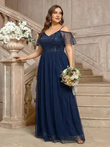 Elegant Women's Plain Sleeveless Sequined Mesh Patchwork Leaf Embroidery Party Dress, Womenswear, Elegance, Chic, Perfect for Evening & Formal Occasions