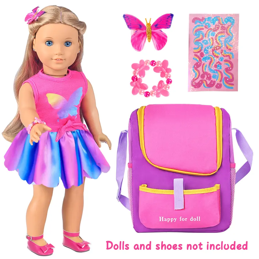 6Pcs Doll Clothes Accessories Set For 18 Inch American Girl Doll, Butterfly Print Tank Top Gradient Tutu Skirt Doll Backpack Jewelry Hair Decor Stickers, Doll Outfit Play Toy Gift