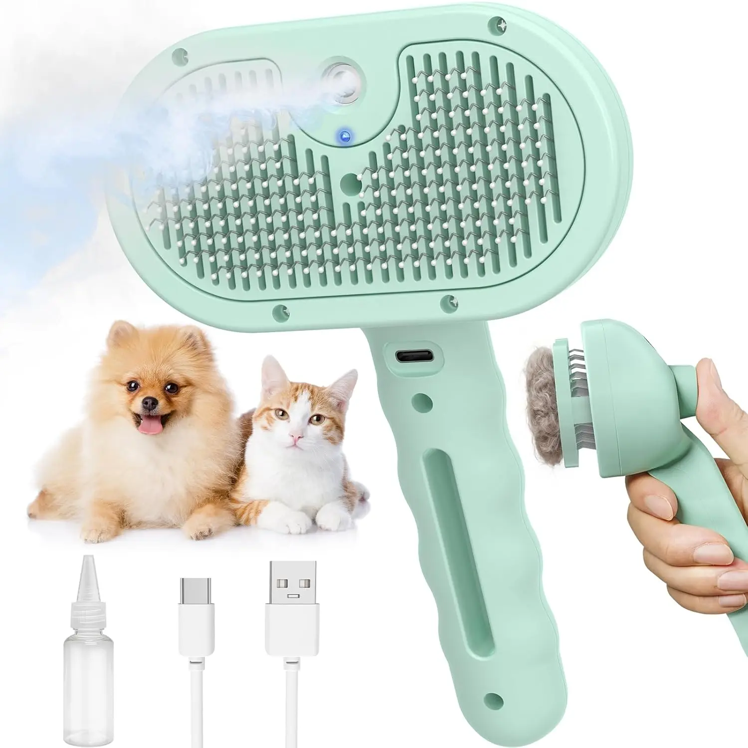 Pet Steam Deshedding Brush for Dogs & Cats – 3-in-1 Self-Cleaning Grooming Comb, Anti-Static Cool Mist Spray, USB Rechargeable, Reduces Shedding on Long & Short Hair Pets (Green)