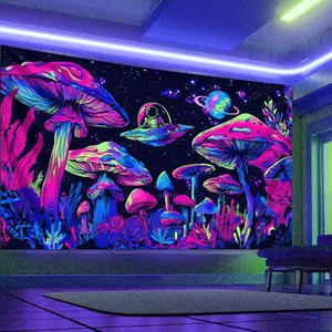 1pc Mushroom Fluorescent Tapestry, UV Tapestry, Black Light Mushroom Tapestry, Trippy Tapestry, Cosmic Starry Sky Neon Effect Wall Carpet, Living Room Decorative Wall Hanging, Aesthetic Art Room Living Room Decorative Tapestry