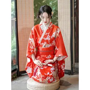 [Wrap Floral Print Belt Kimono] Floral Print Wrap Belt Kimono, Japanese Traditional Long Sleeve Mid Calf Kimono, Women's Clothing