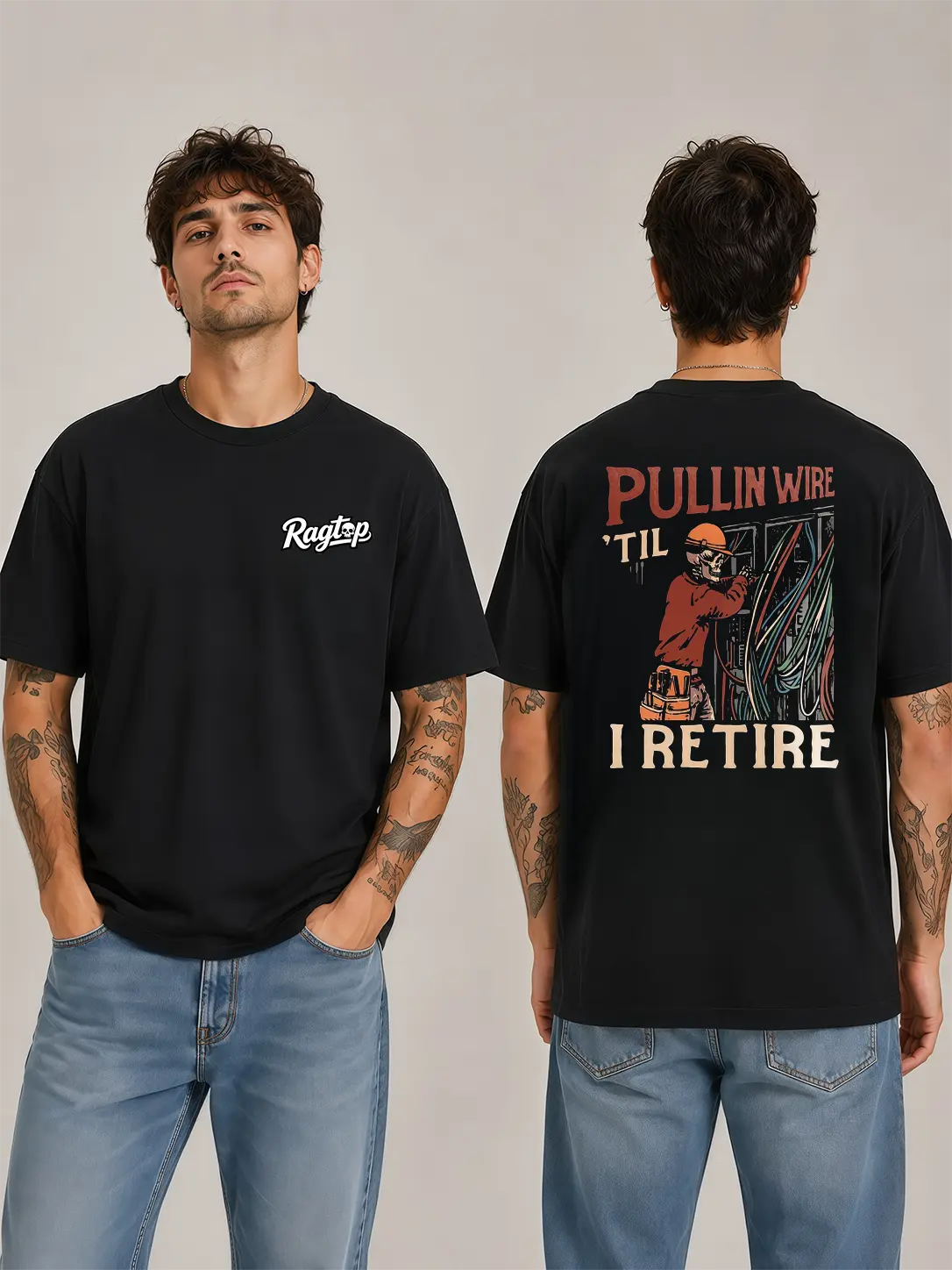 [Graphic T-Shirt] electrician shirt - Ragtop Pullin Wire Til I Retire Electrician Skeleton Graphic Tee, Funny Electrician Humor Design, Blue Collar Trade Inspired Apparel,cotton tee,printed shirts for men
