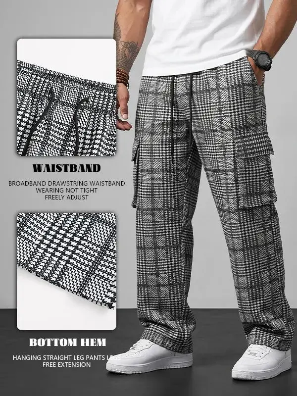 Plus-size unisex plaid long pants, casual loose wide-leg design; retro straight cut with large utility pockets, breathable, soft, and comfortable; a stylish piece for all seasons, trendy style, must have item