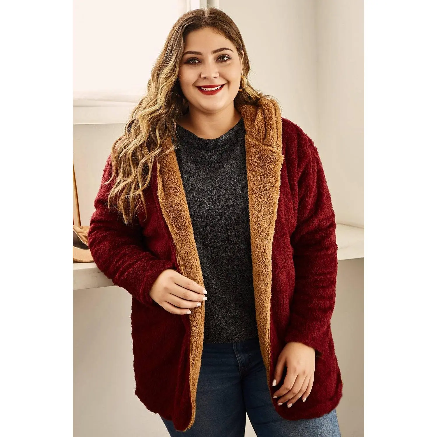 Plus Size Hooded Longline Teddy Jacket