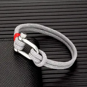 Men Minimalist Double Strand Nautical Gray Rope Bracelet Nylon Buckle Shackle Bracelet Navy Anchor Jewelry For Women