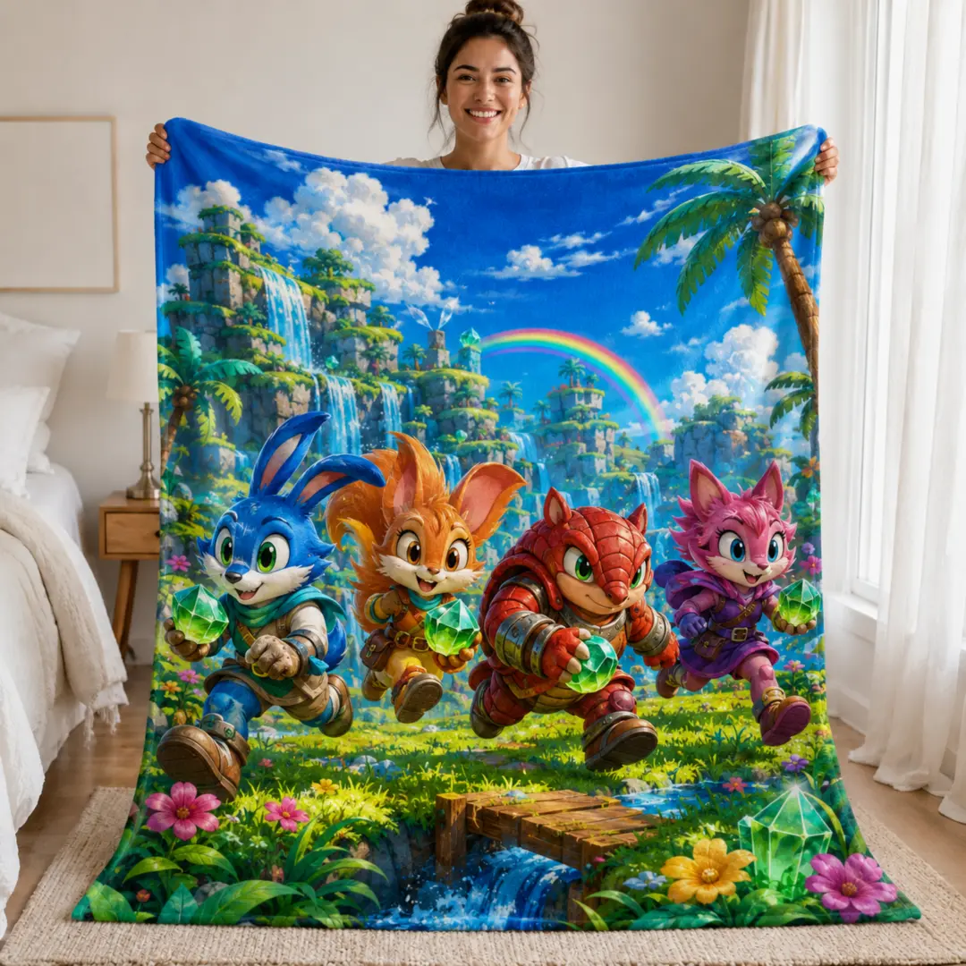 Sonic the Hedgehog Flannel Blanket, Colorful Gaming Character Throw Blanket, Kids Bedroom Decor, Gamer Gift, Soft Cozy Bed Blanket