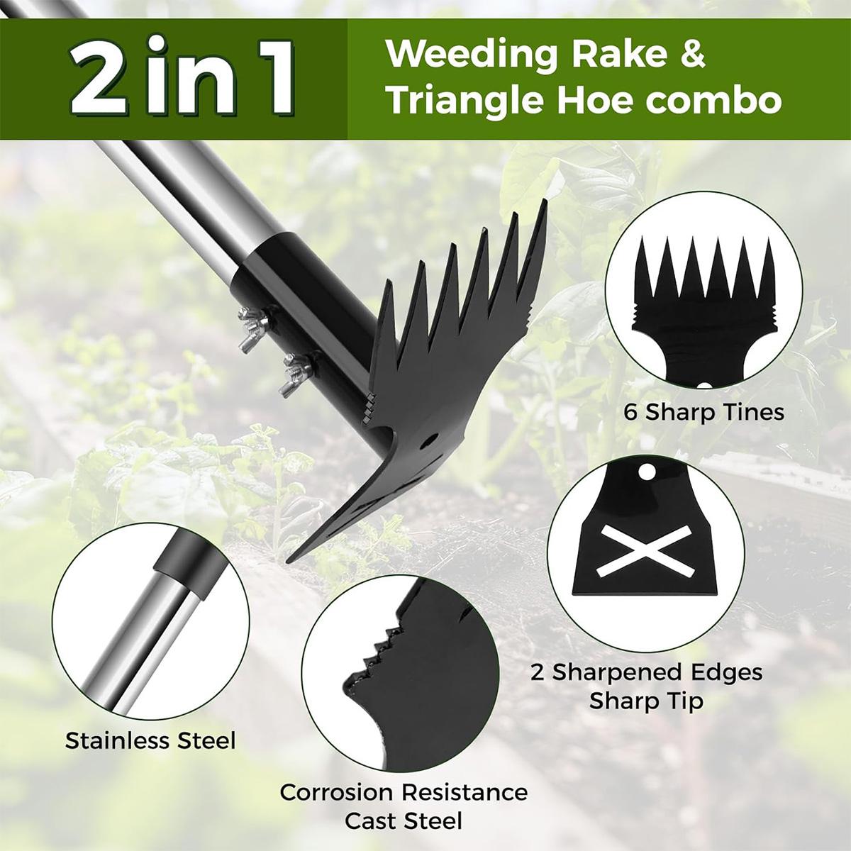 2-in-1 Ergonomic Garden Weeding Hoe & Leaf Rake, Heavy Duty Gardening Hand Tool with 2-Section Detachable Stainless Steel Handle (80cm), Adjustable Length for Planting, Tilling, Digging, Farm & Patio Cultivation, Bonus Gloves Included