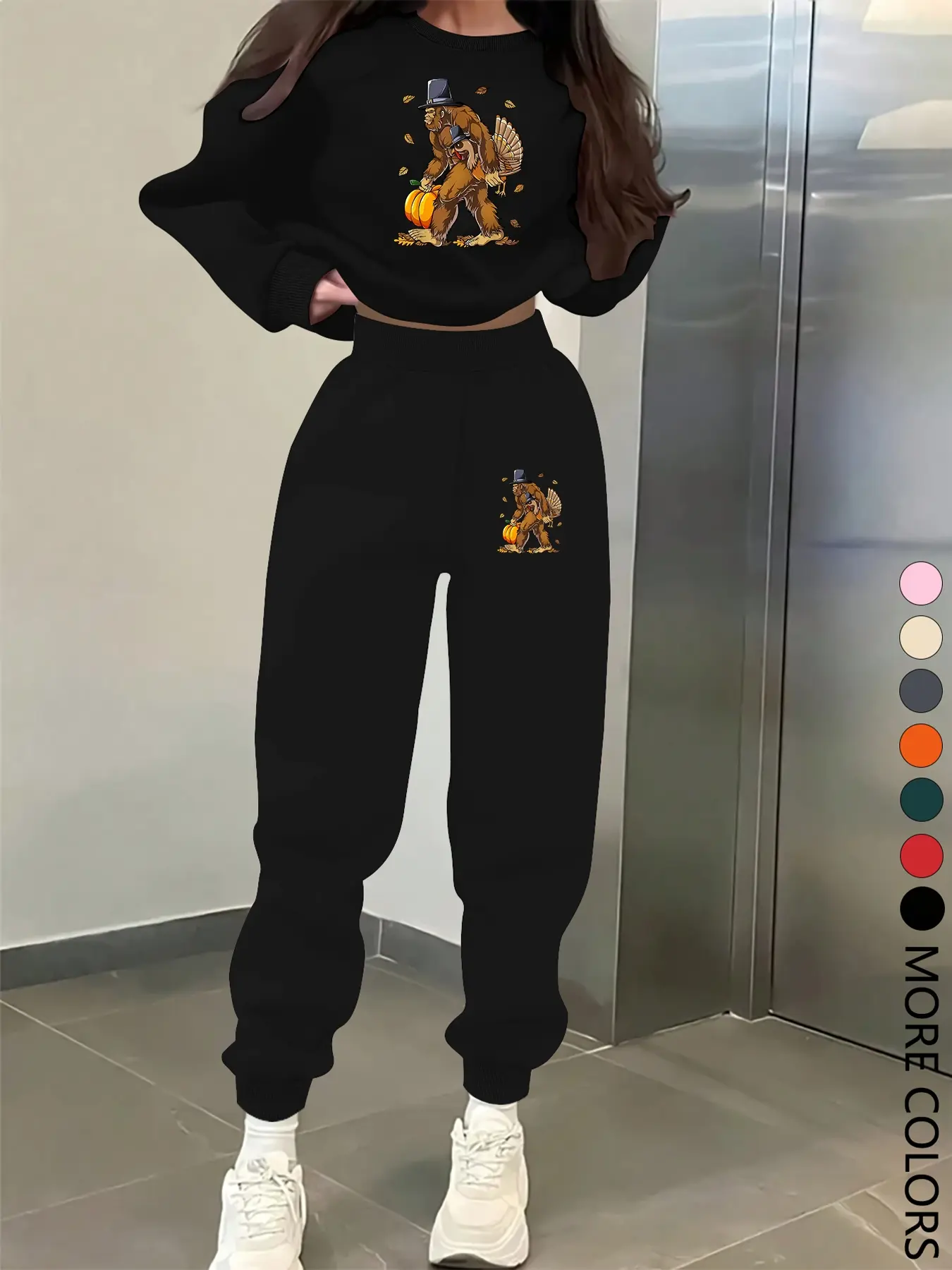 New Creative Thanksgiving Print Letter Sweatshirt Set, Casual Long Sleeve Round Neck Top & Pants, Spring Fall Winter Fashion Women