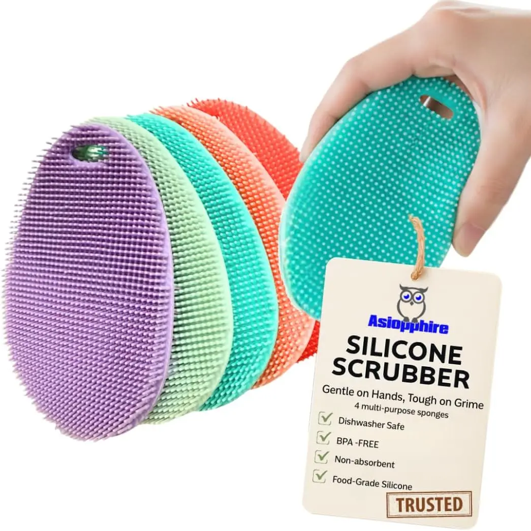 Silicone Sponge Dish Scrubber - Food Grade Silicone Dish Scrubber and Housecleaning - BPA Free Silicone Kitchen Scrubber [5 Pack Ovals Spring]