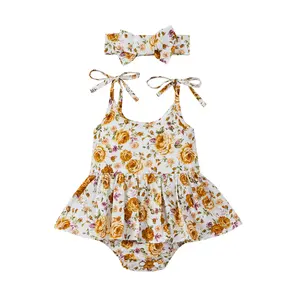 Baby Girls Summer Outfits, Cute Self Tie Strap Sleeveless Floral Tutu Romper with Headband Set