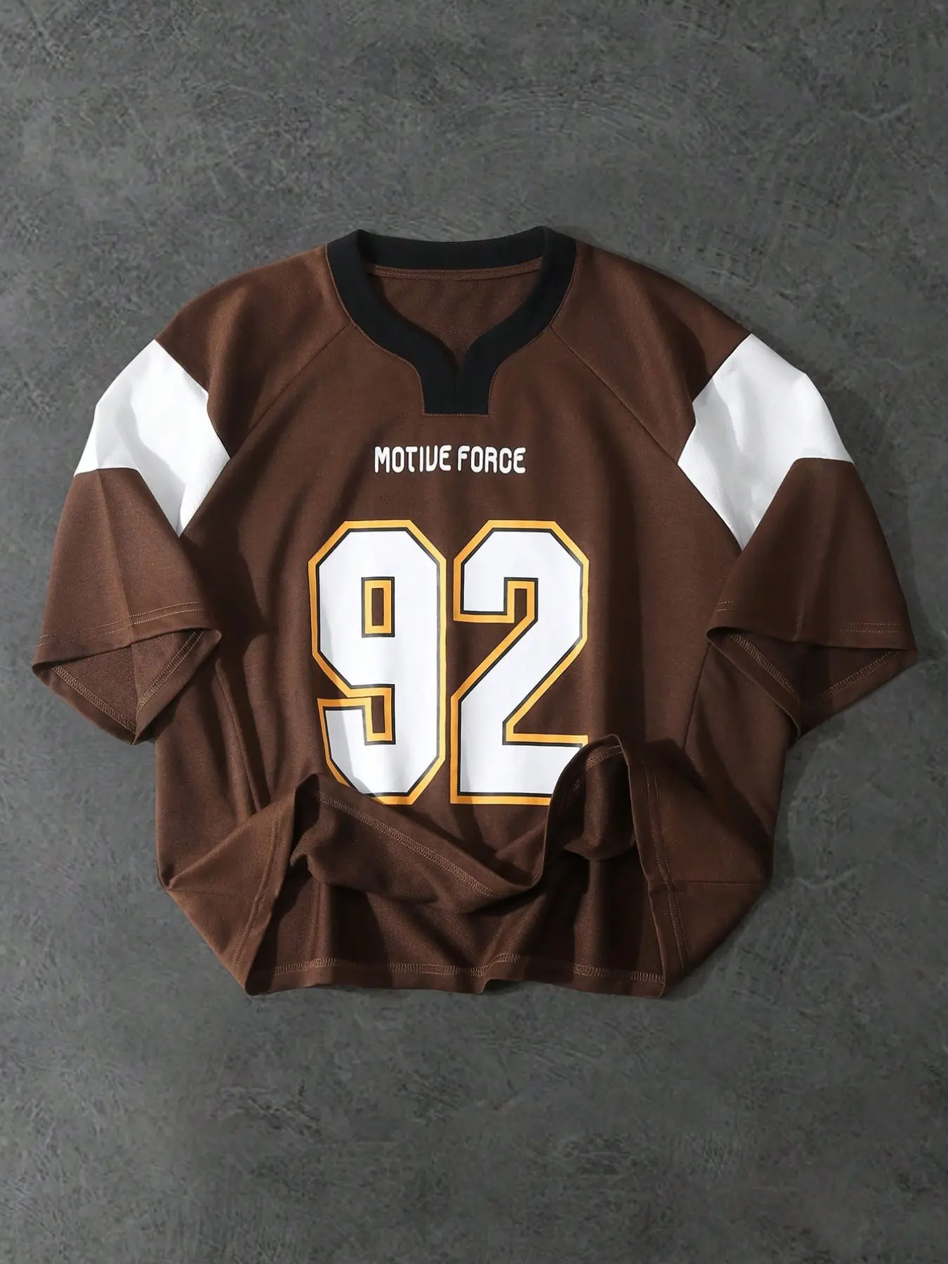 Trendy Men's Brown "92" Color Block Football Jersey, Graphic Jersey, Oversized Short Sleeve V-Neck Athletic Tee, Edgy Retro 90s Streetwear Sporty Top for Street Style & All-Day Daily Wear #MensStreetwearJersey #RetroSportswearFashion #VersatileSummerTee