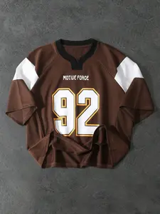 Trendy Men's Brown "92" Color Block Football Jersey, Graphic Jersey, Oversized Short Sleeve V-Neck Athletic Tee, Edgy Retro 90s Streetwear Sporty Top for Street Style & All-Day Daily Wear #MensStreetwearJersey #RetroSportswearFashion #VersatileSummerTee