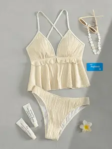 Fashion Sexy Cross-Strap Deep V Ruffle Tankini Set, Women's Swimsuit, Summer Beachwear, Casual Swimwear, Trendy Bathing Suit