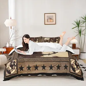 Western Cowboy Duvet Cover,Cow Fur Rustic Farmhouse Bedspread Cover for Boys Men Room Decor,Wooden Plank Adventure Quilt Cover