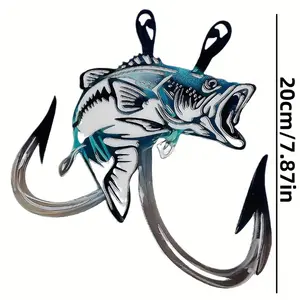 Exquisite Metal Bass Fish Wall Art - 1Pcs with Hooks, Glamorous Indoor Hanging Decor, Rustic Charm for Living Room, Ideal Gift for Fishing Enthusiasts Hangable Decoration Blue Ornaments