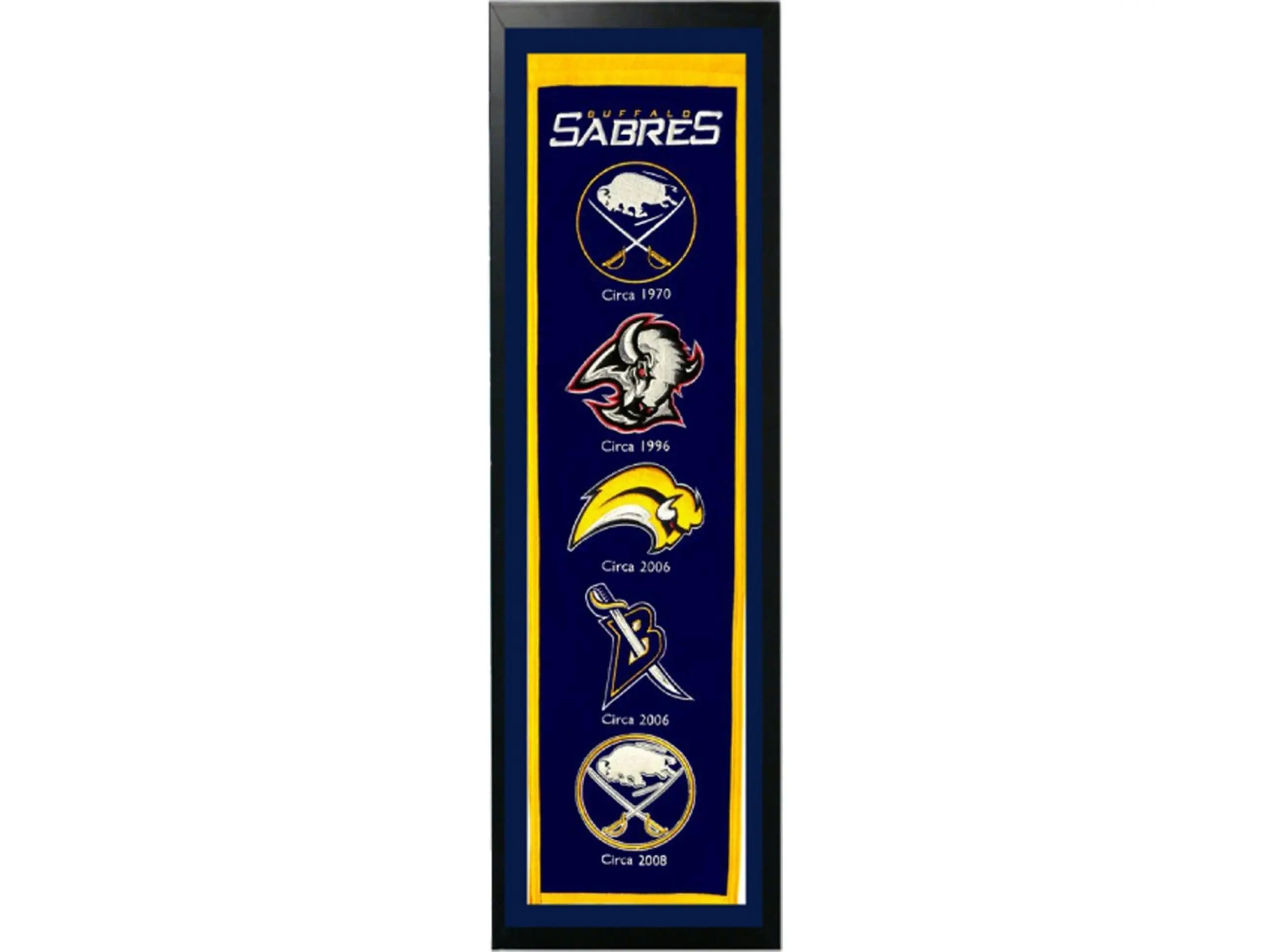Encore Select 109-57 Felt Banner, Buffalo Sabres Logo History Design, 14x37 in, Home & Festive Party Backdrop Decoration, 14 X 37 In