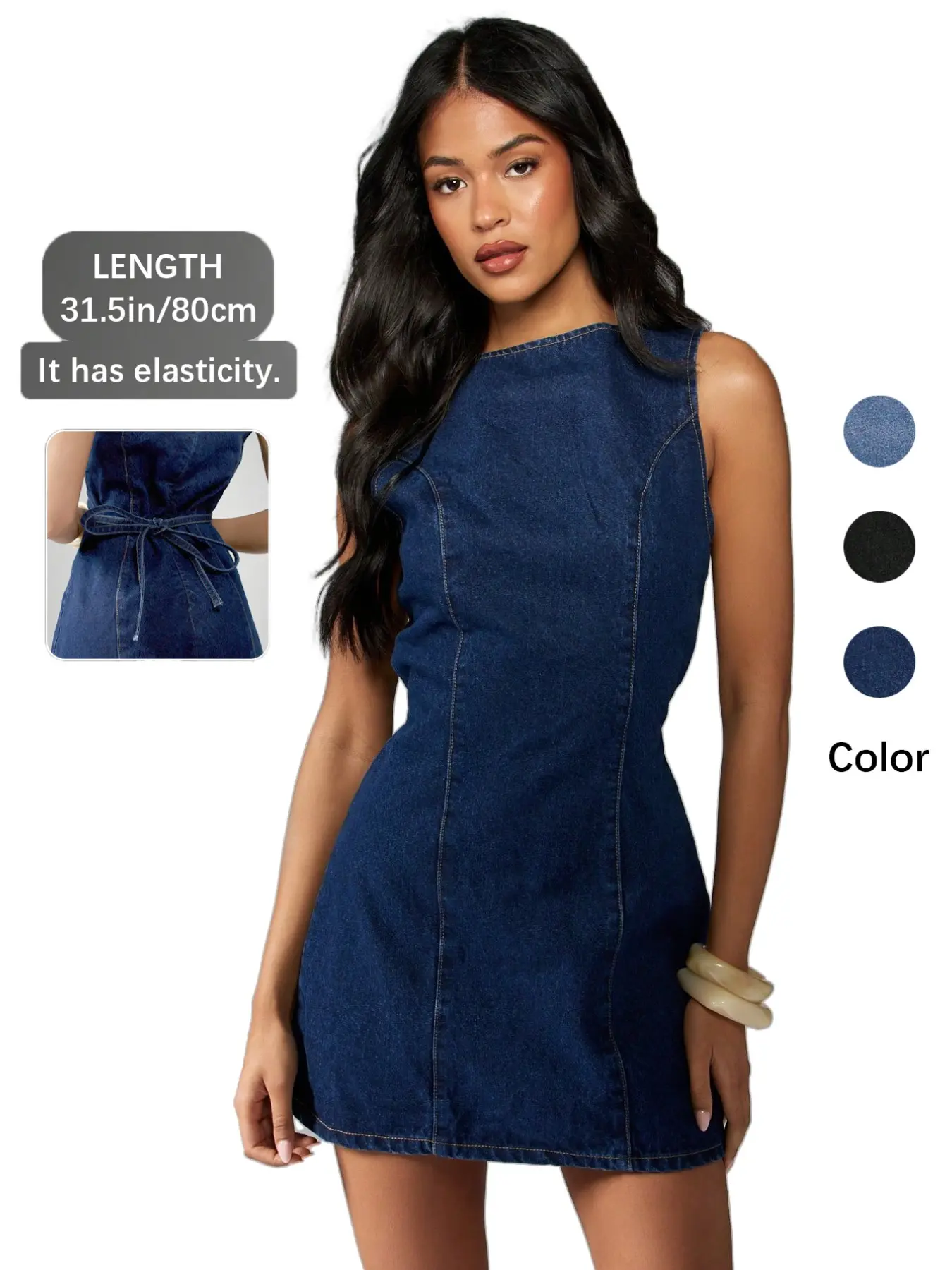 Elegant Sleeveless Dark Wash Denim Dress, Mini Dress with Adjustable Back Tie Design, Summer Fashion Slim-Fit, Modern Casual Wear, Multiple Colors