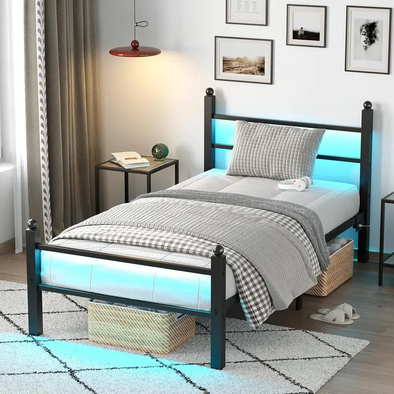 CollaredEagle Twin/Full Bed Frame with Headboard and Footboard,Steel Slats Support-LED Bed Frame with USB Charging Station,Mattress Foundation-Under Bed Storage,No Box Spring Needed,Noise Free.