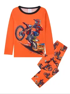 Kids' Digital Print Long Sleeve Top & Pants Set, Motorcycle Cartoon Pattern, Casual Loose Fit Home Wear, All Seasons Comfortable Sleepwear, Pajamas
