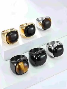 Vintage Simple Natural Tiger Eye Stone Titanium Steel Ring for Men, Dark Aesthetic Rings, Fashion Personalized High-End Hand Jewelry, Stylish Unique Accessory