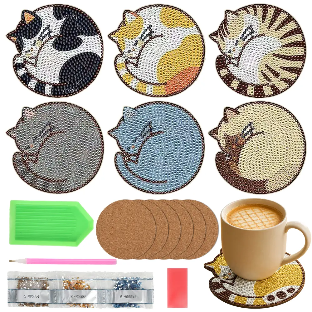 Pack of 6 Diamond Art Painting Coasters Kits, Non-Slip DIY Dot Paint Craft Kits, Cat Coaster with Holder for Adults, Funny Cat Lover Gifts for Women