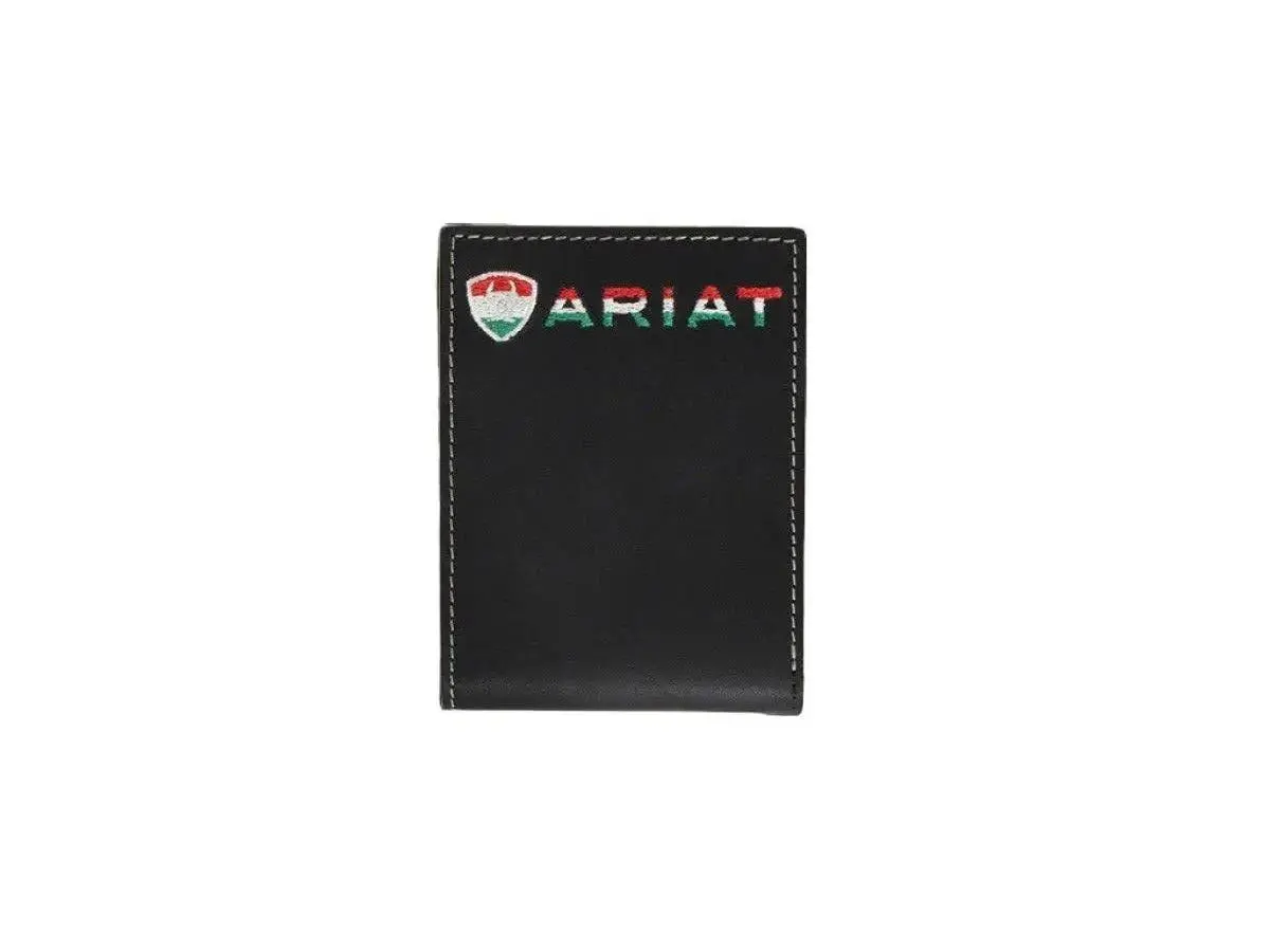 Ariat Men's Black Bi-Fold Leather Wallet - Mexico Flag Embroidered Logo, Heavy-Stitching Construction, Slim-Fit, Cowboy, Dark, Mexican-Themed, Western-Inspired Men's Wallets, Cowboy Men's Wallets