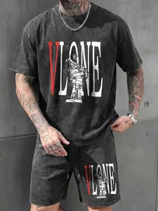 Men's Washed Vintage Round Neck Drawstring Short Sleeve Shorts Set, Casual Fitted Summer, All Seasons Wear