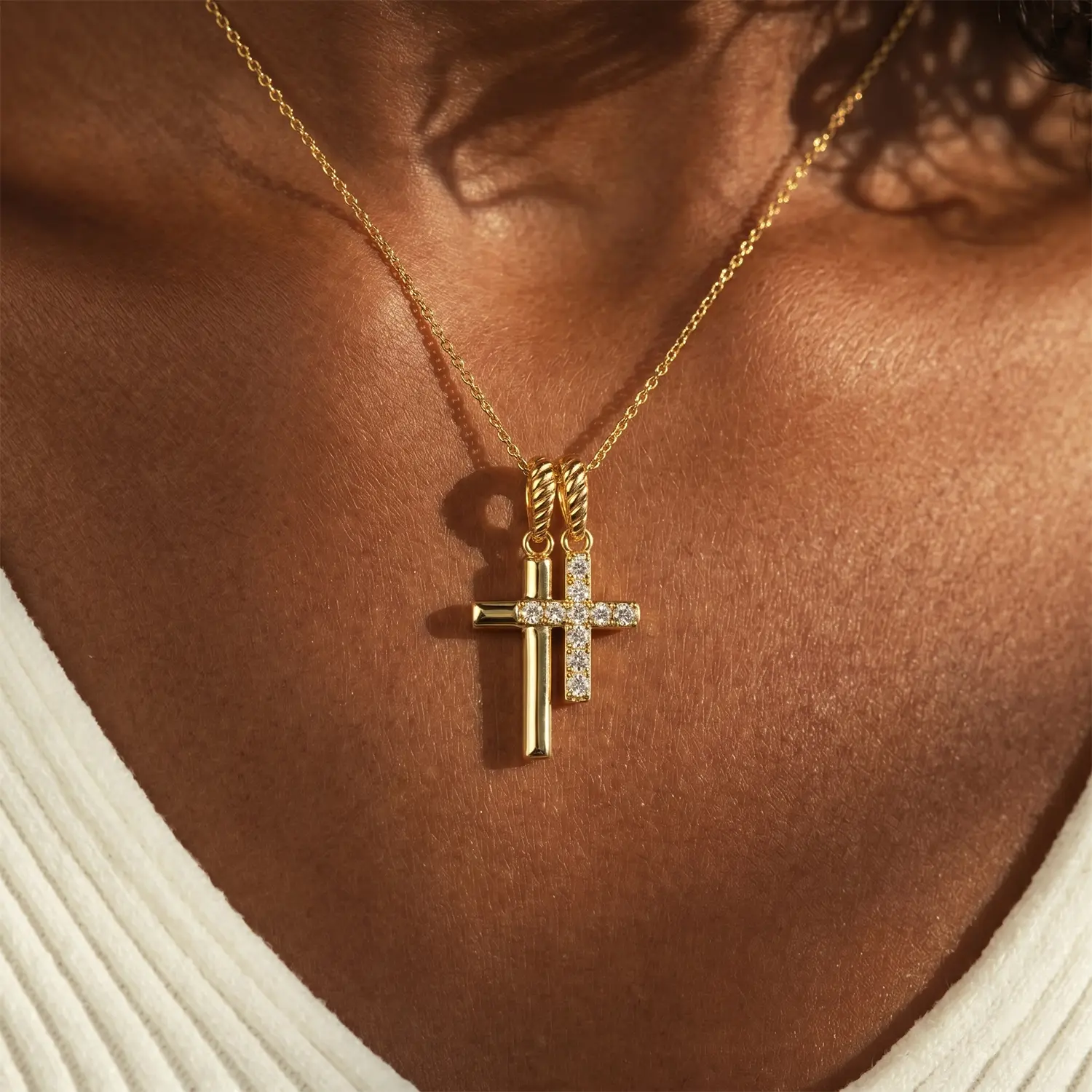 Gold Plated Double Cross Necklace for Women, Dainty Christian Style Crystal Pave Pendant, Hypoallergenic Faith Message Jewelry Gift, Necklace Gift, Crucifix Necklaces