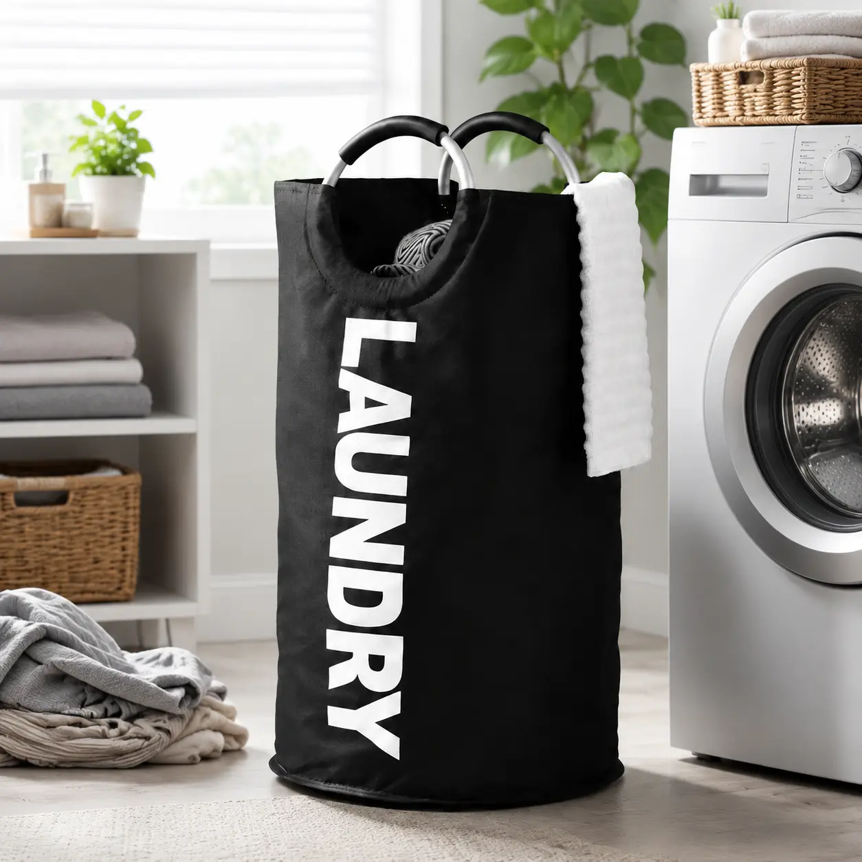 Large Capacity Laundry Basket, Foldable Clothes Hamper with Durable Aluminum Handles, Waterproof Collapsible Laundry Bag, Tall Freestanding Dirty Clothes Organizer for Bedroom Bathroom Dorm Room, Portable Space Saving Laundry Storage Basket (Black)