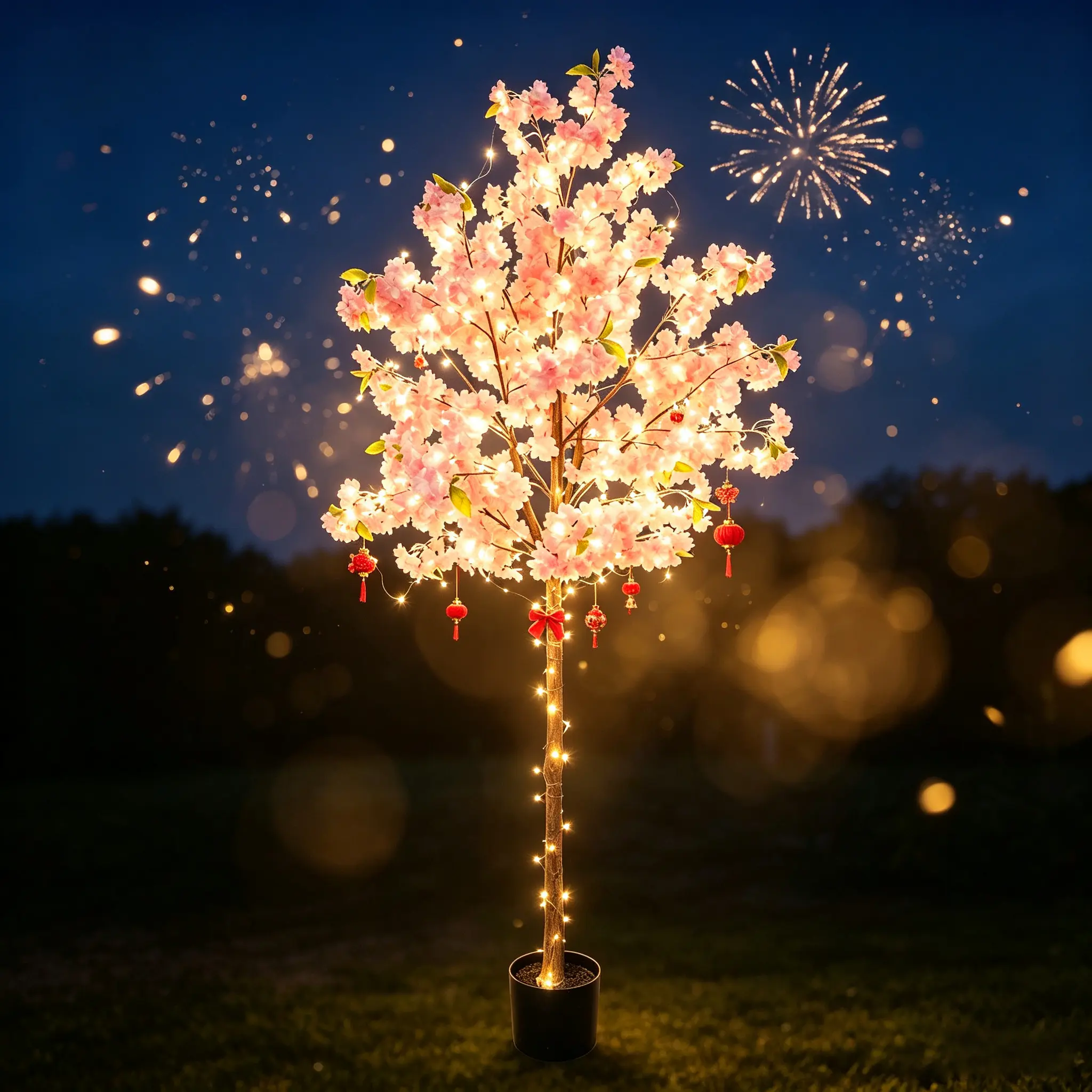 5.3FT Artificial Pink Cherry Blossom Tree in Black Pot - Lamp-Free Simulation Floral Tree, Home Front Porch Decor, Indoor Outdoor Christmas Holiday Wedding Party Ornament.